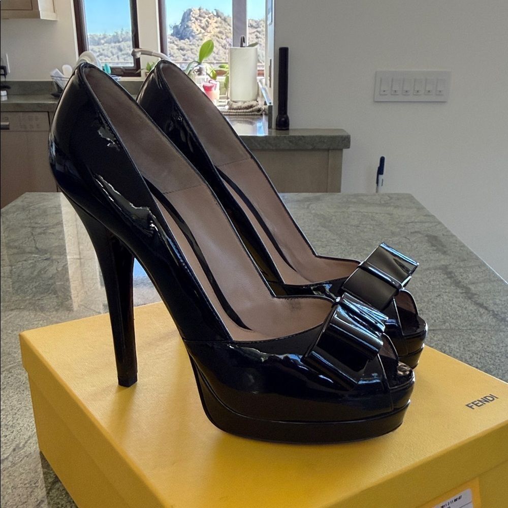 Fendi Glossy Black Peep Toe Heels View 2